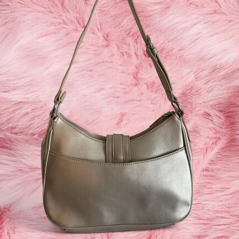 Croft & Barrow Metallic Champagne Curved Adjustable Faux Leather Shoulder Bag - Picture 2 of 7